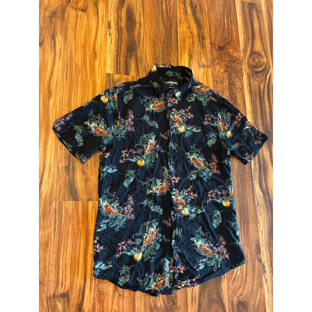 Carbon Tiger Print Button Down Shirt Mens Small Black Short Indie Streetwear